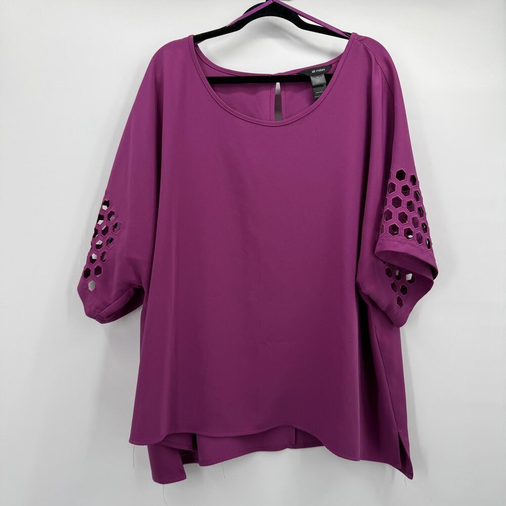 Ali Miles Shirt Womens 3X Purple Tunic Top Kimono 3/4 Sleeve Honeycomb‎ Cutout